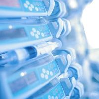 Electronic drug perfusion system (syringe pump) in the modern equipped critical care unit.